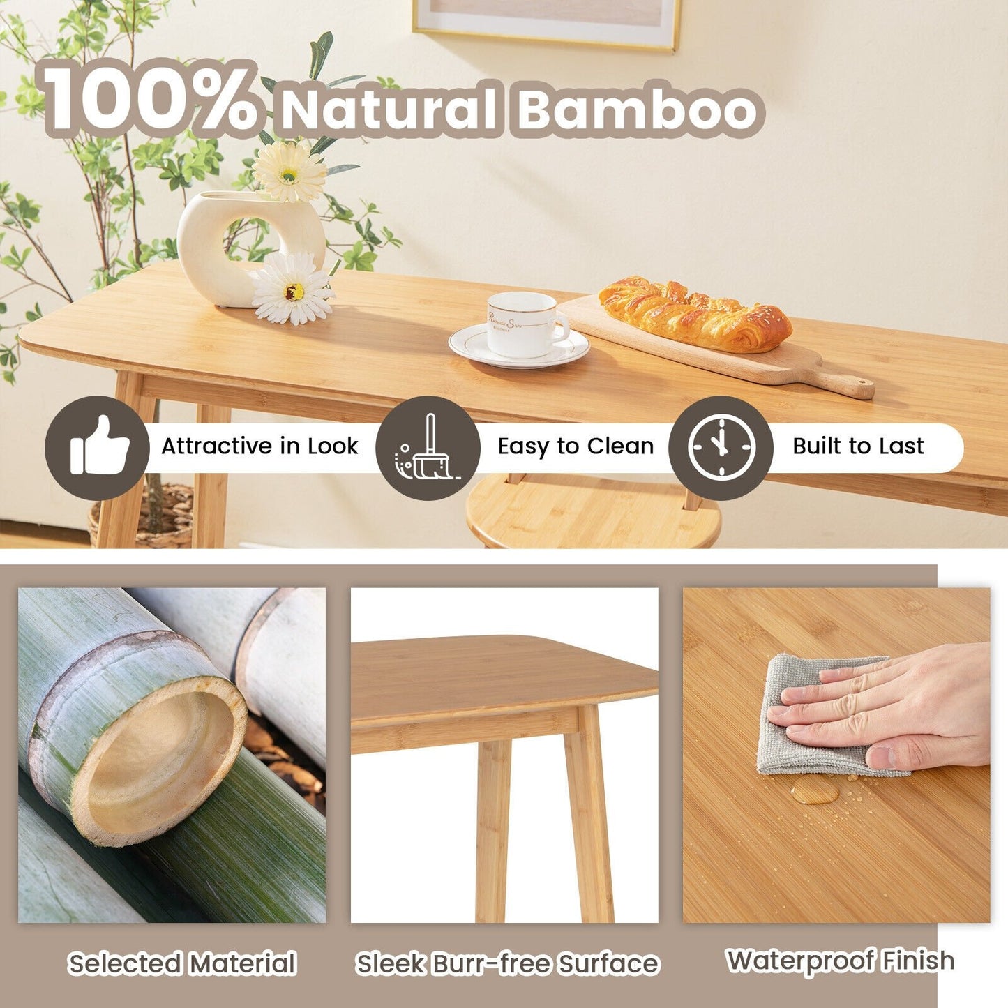 48 Inch Bamboo Bar Table High Top Console Dining Pub Table, Natural