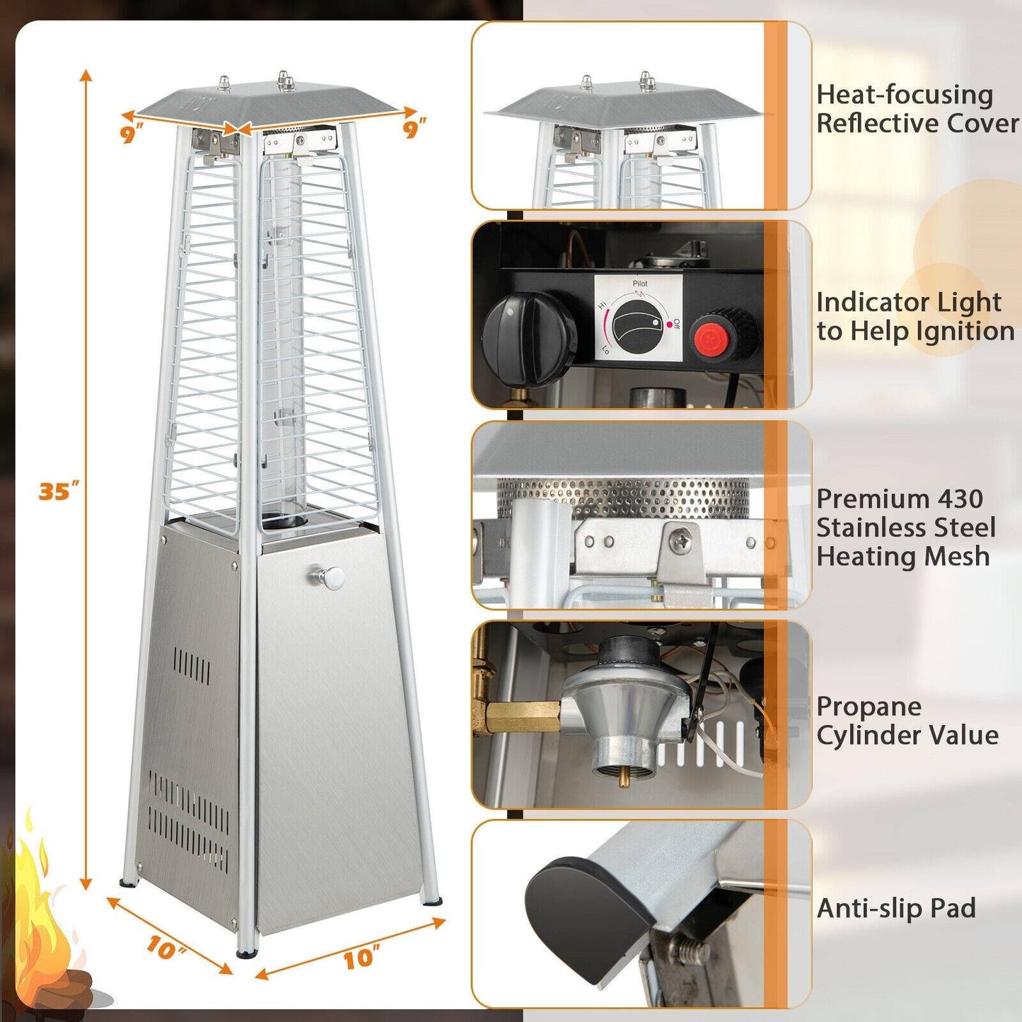 9500 BTU Portable Stainless Steel Tabletop Patio Heater with Glass Tube, Silver