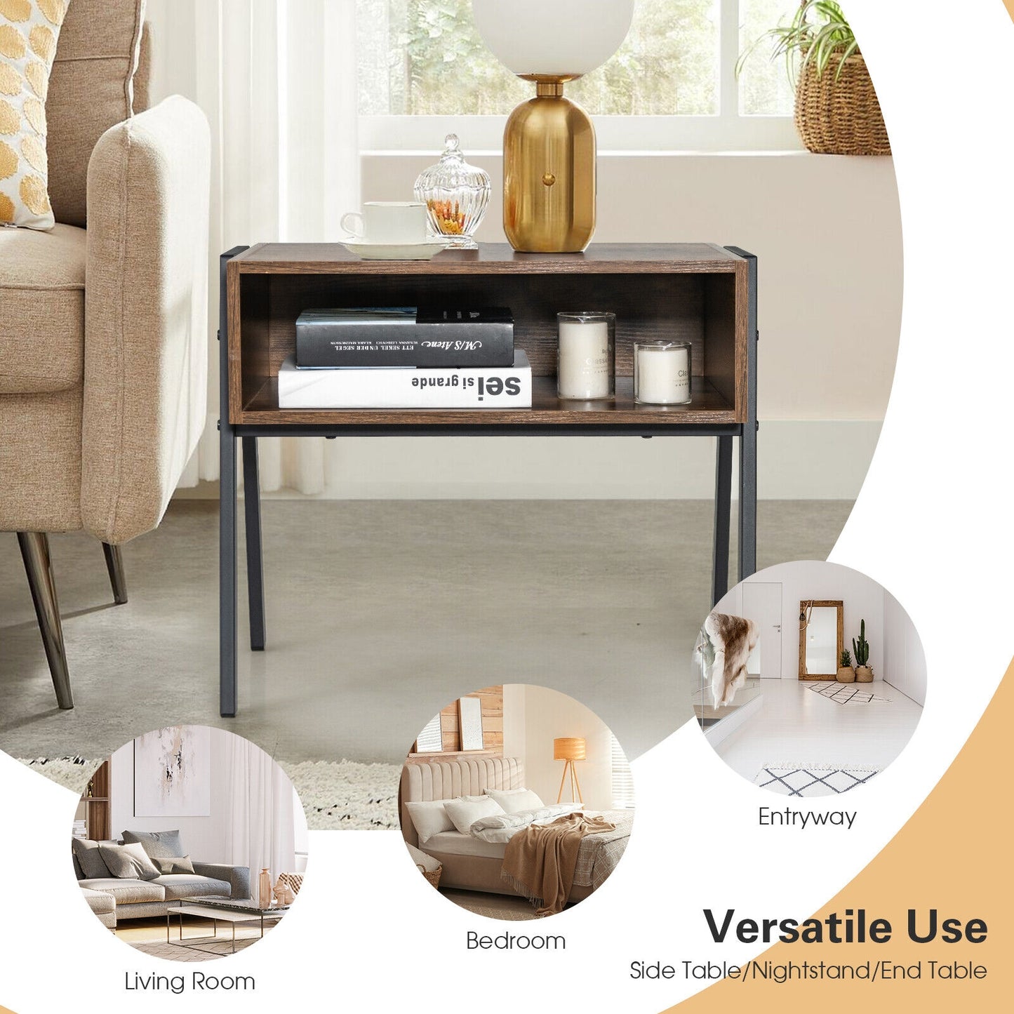 1 Piece Stackable Night Stand Shelf Accent Table with Metal Frame, Rustic Brown Nightstands at Gallery Canada