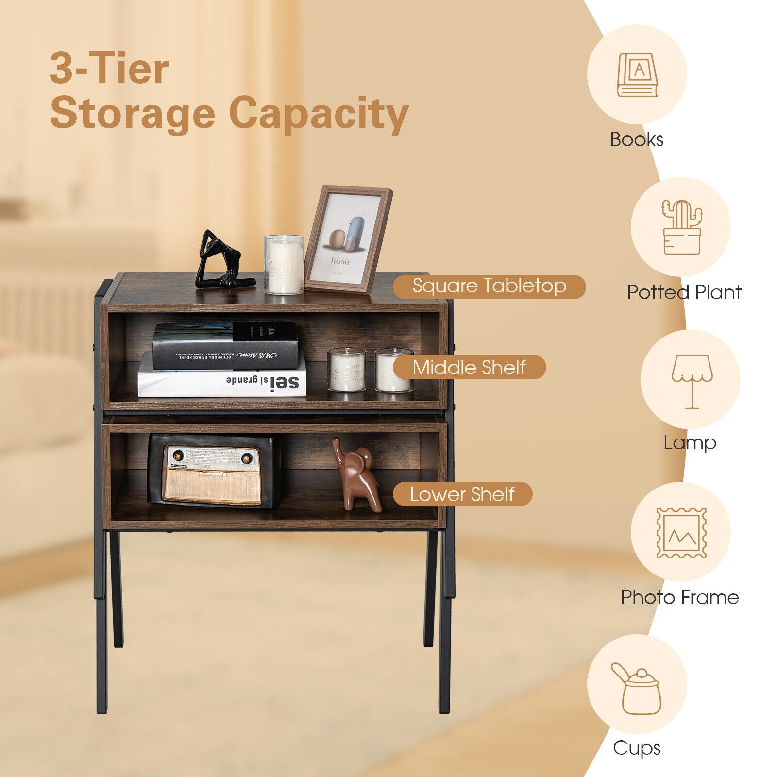 1 Piece Stackable Night Stand Shelf Accent Table with Metal Frame, Rustic Brown Nightstands at Gallery Canada
