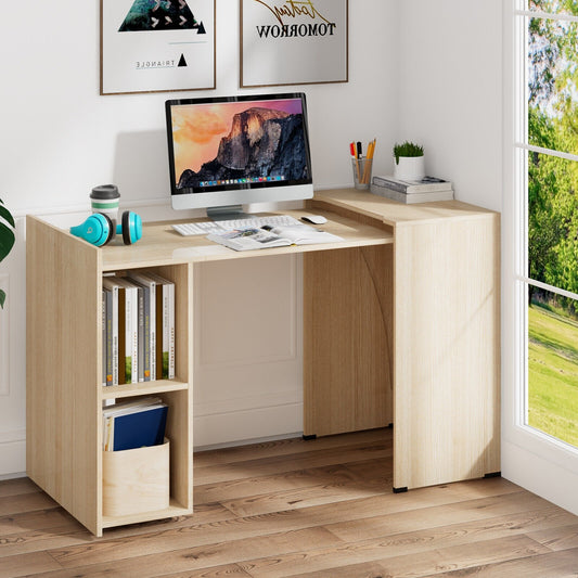 Extendable Computer Desk for Small Space with Mobile Shelves, Natural - Gallery Canada