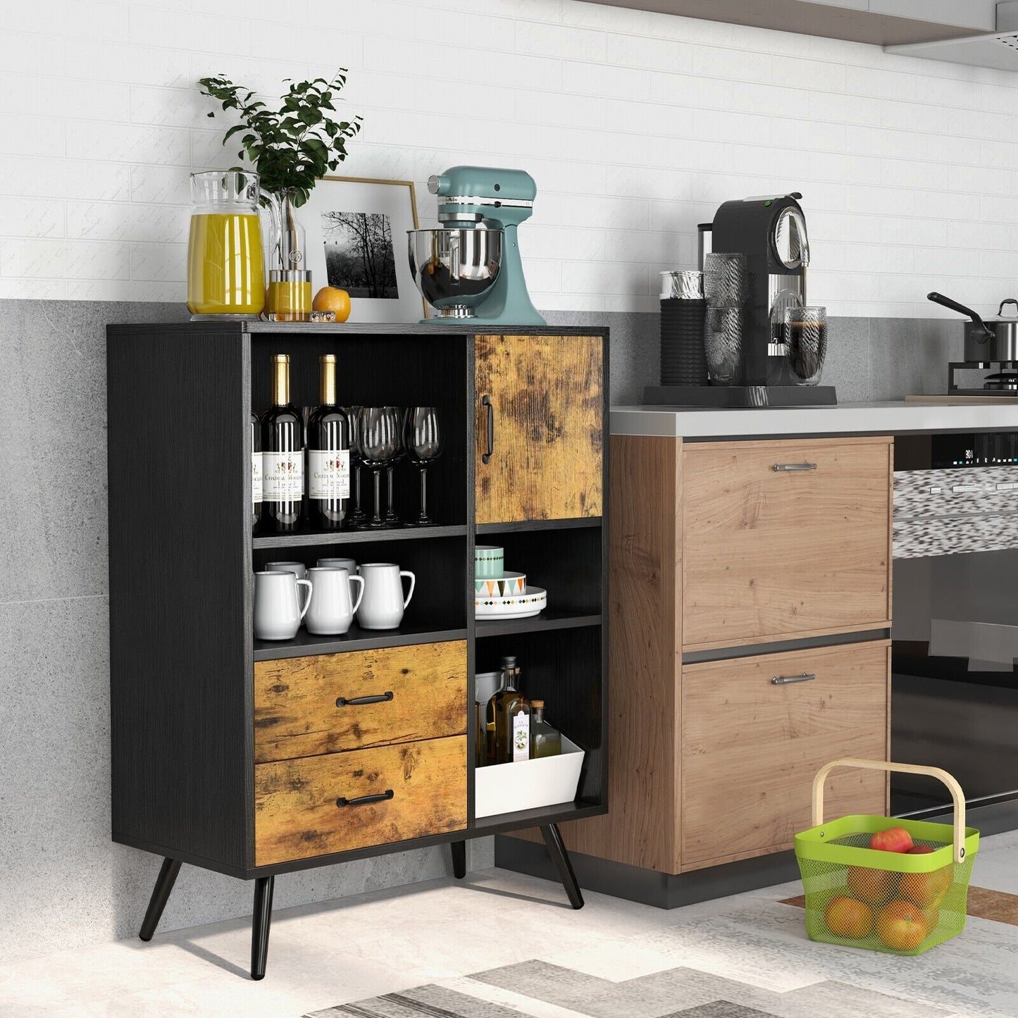 Industrial Buffet Sideboard Kitchen Cupboard with Cubbies Drawers, Rustic Brown - Gallery Canada