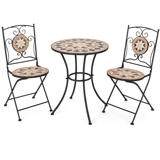 3 Pieces Patio Bistro Set with 1 Round Mosaic Table and 2 Folding Chairs, Black - Gallery Canada