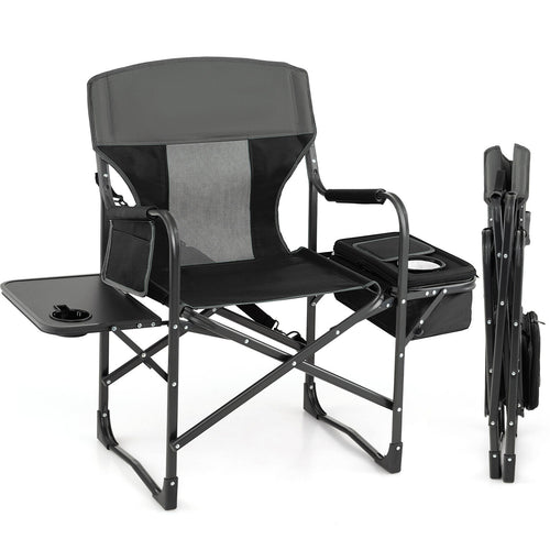 Folding Camping Director Chair With Cooler Bag, Side Table, Black