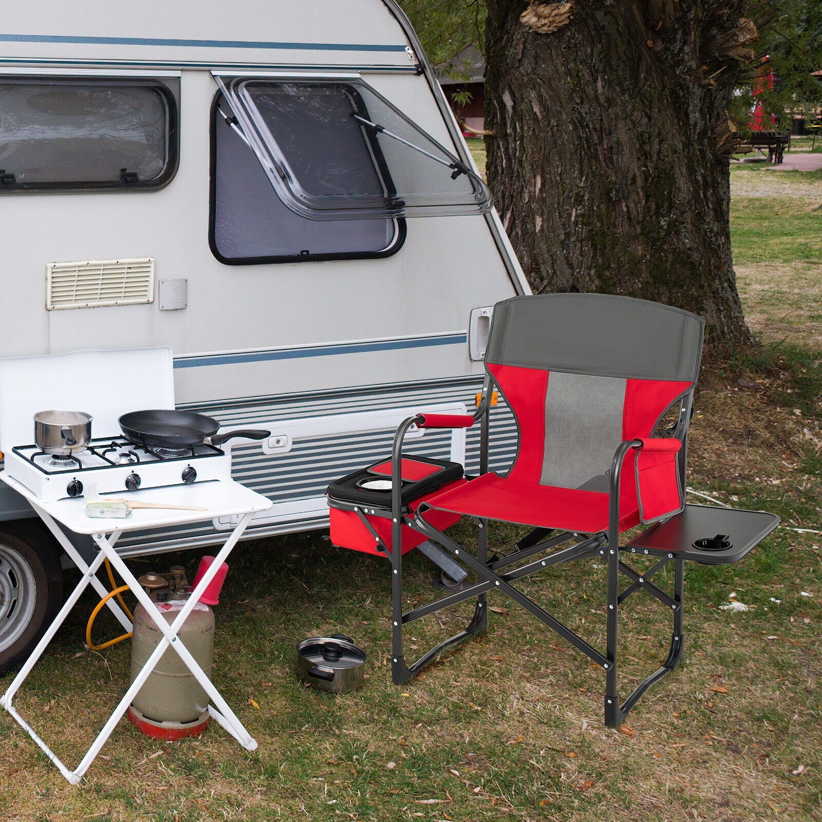 Folding Camping Directors Chair with Cooler Bag and Side Table, Red Camping Furniture at Gallery Canada