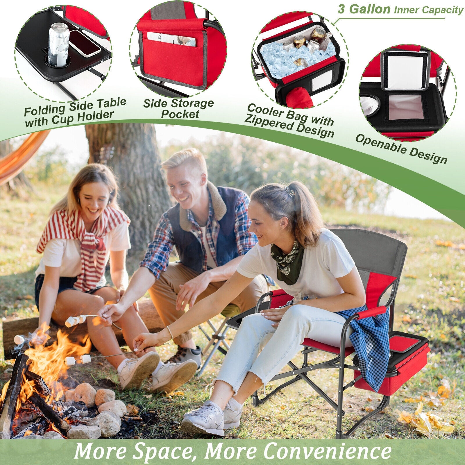 Folding Camping Directors Chair with Cooler Bag and Side Table, Red Camping Furniture at Gallery Canada