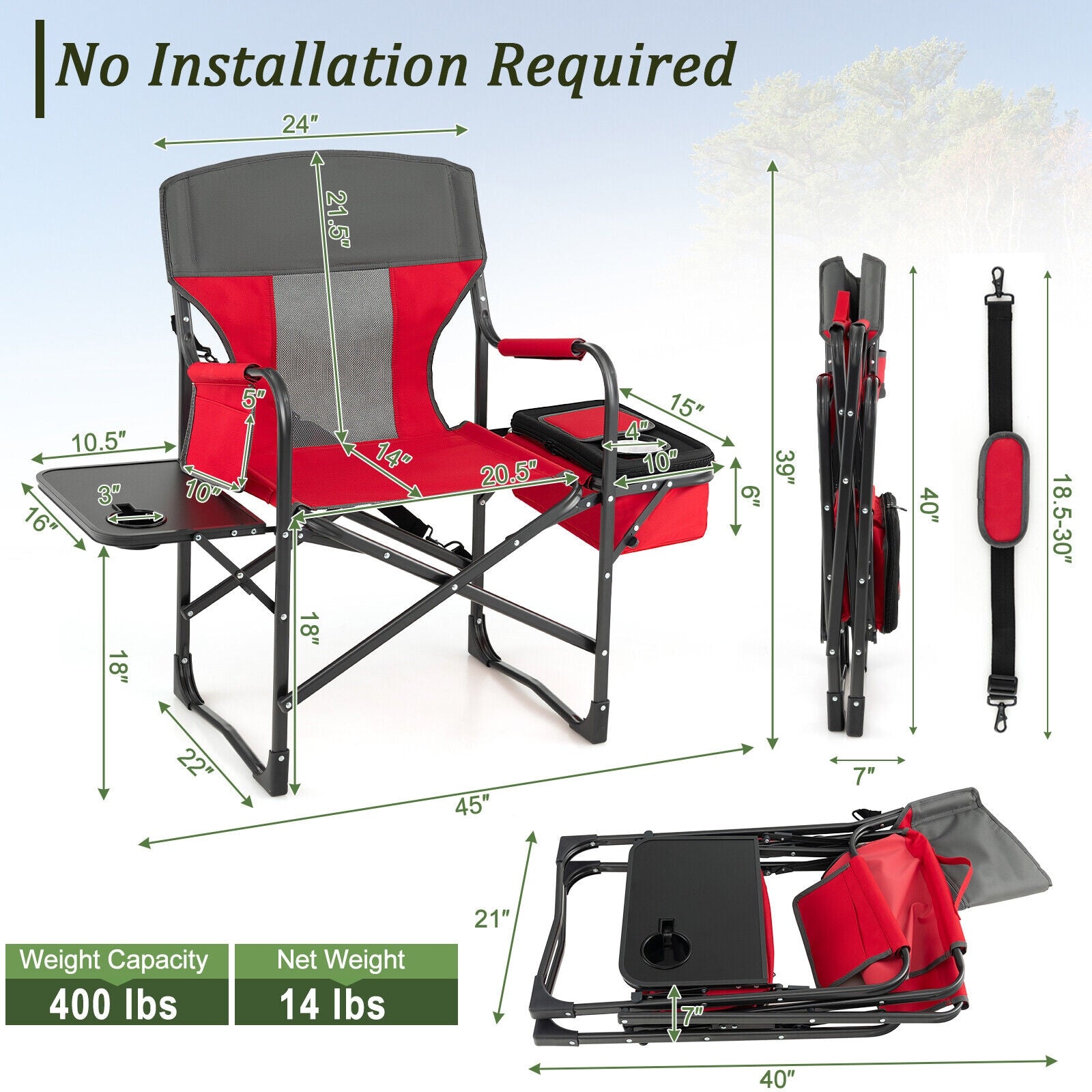 Folding Camping Directors Chair with Cooler Bag and Side Table, Red Camping Furniture at Gallery Canada