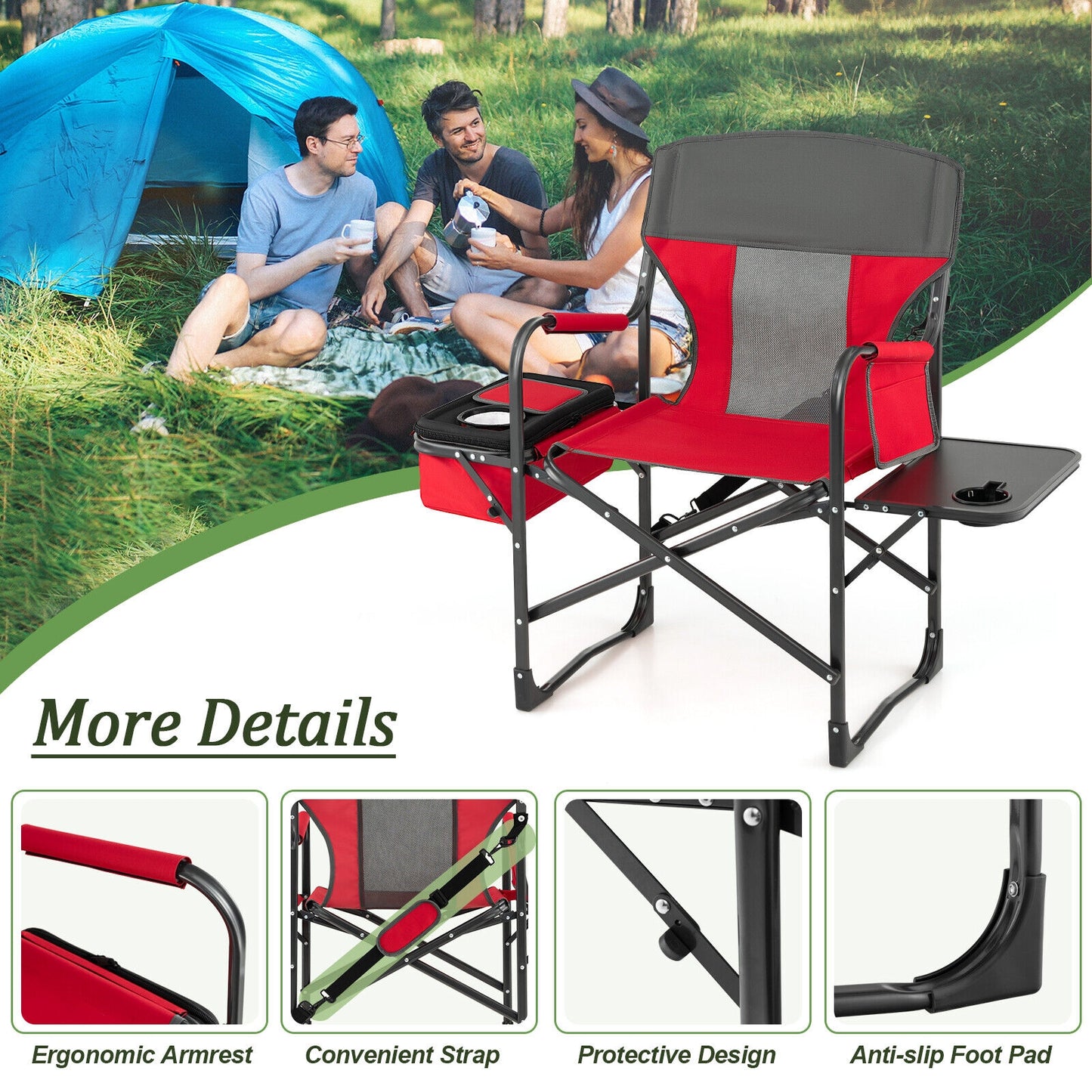 Folding Camping Directors Chair with Cooler Bag and Side Table, Red Camping Furniture at Gallery Canada
