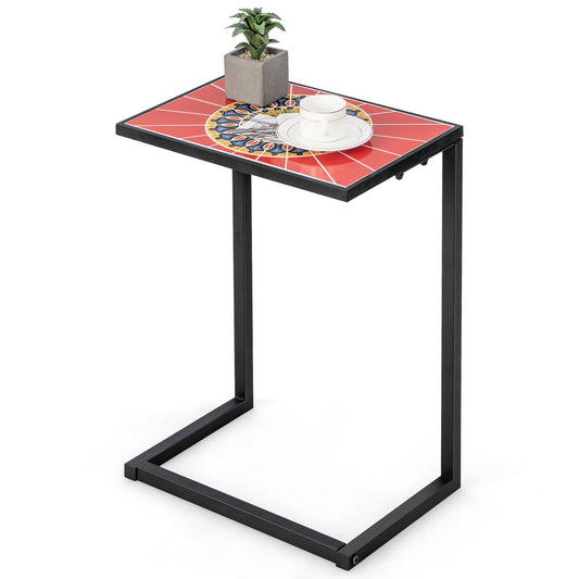 C-shaped Waterproof Outdoor Side End Table with Ceramic Top, Red - Gallery Canada
