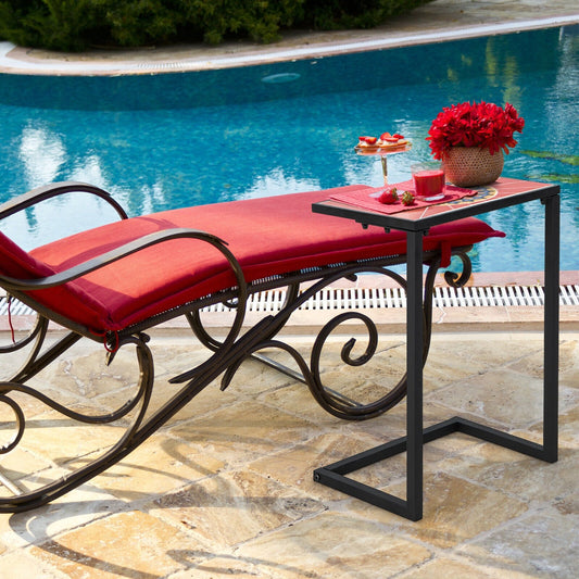 C-shaped Waterproof Outdoor Side End Table with Ceramic Top, Red - Gallery Canada