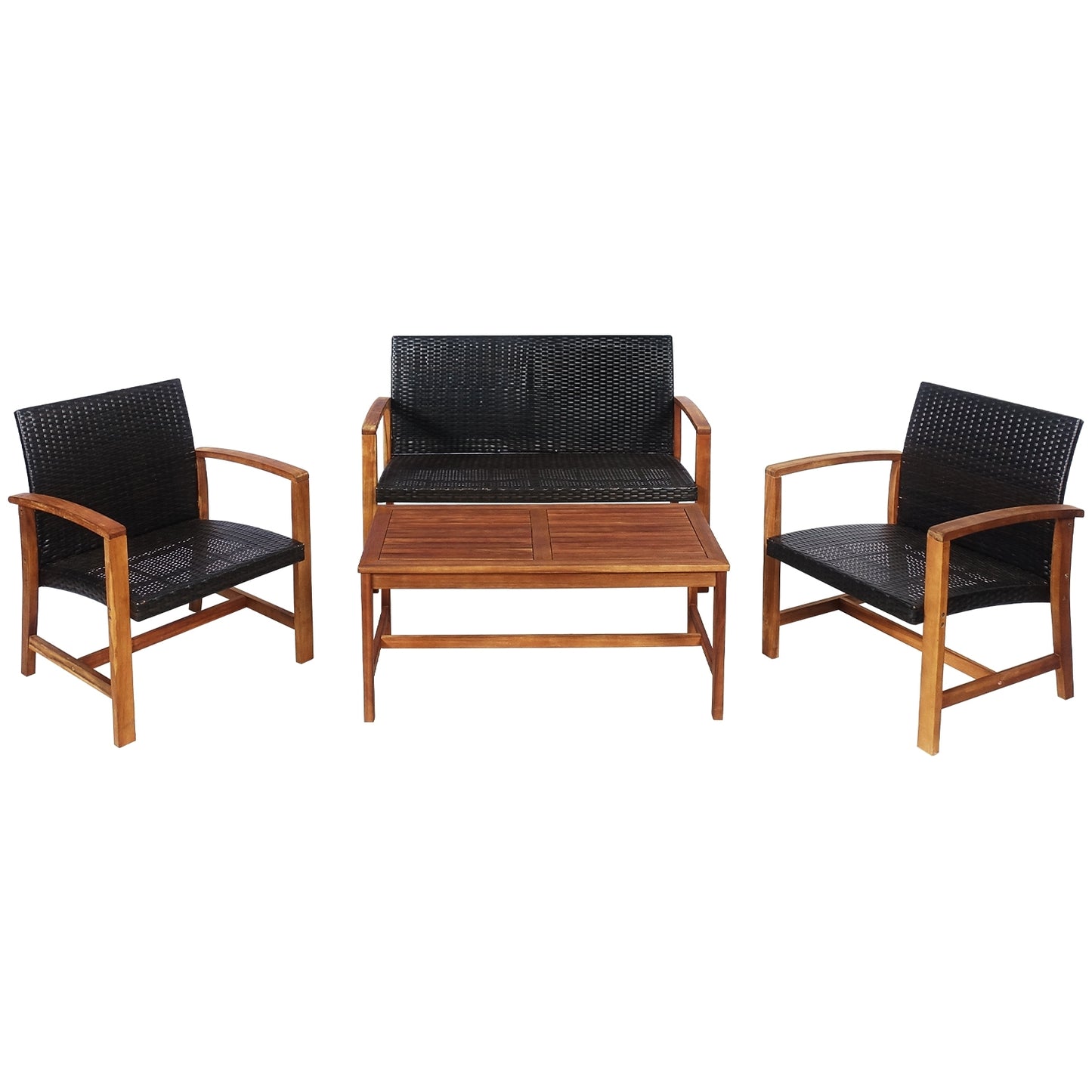 4 Pieces PE Rattan Patio Furniture Set with Acacia Wood Patio Conversation Sets Mix brown, Natural at Gallery Canada