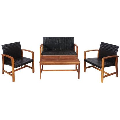 4 Pieces PE Rattan Patio Furniture Set with Acacia Wood Patio Conversation Sets Mix brown, Natural at Gallery Canada