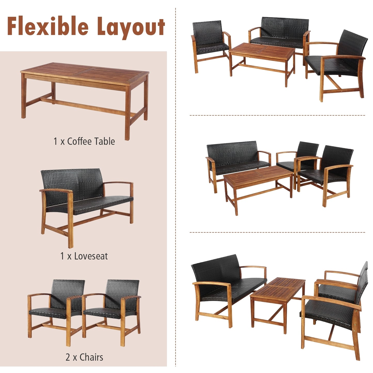 4 Pieces PE Rattan Patio Furniture Set with Acacia Wood Patio Conversation Sets at Gallery Canada