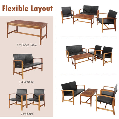 4 Pieces PE Rattan Patio Furniture Set with Acacia Wood Patio Conversation Sets at Gallery Canada