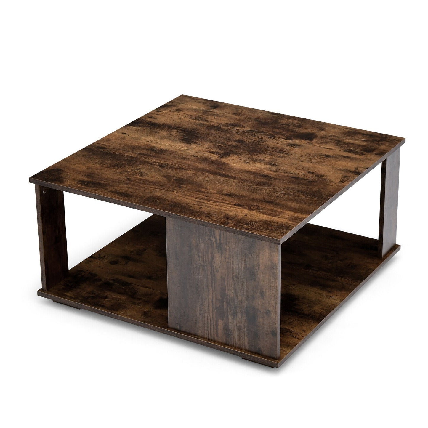 2 Tiers Square Coffee Table with Storage and Non-Slip Foot Pads, Rustic Brown Coffee Tables at Gallery Canada