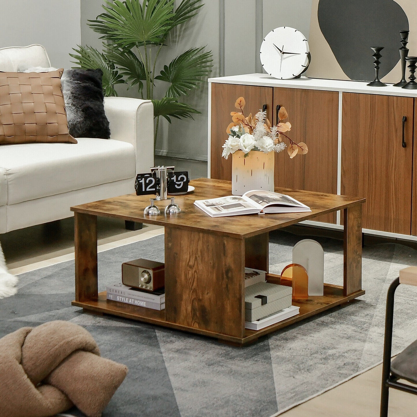 2 Tiers Square Coffee Table with Storage and Non-Slip Foot Pads, Rustic Brown Coffee Tables at Gallery Canada
