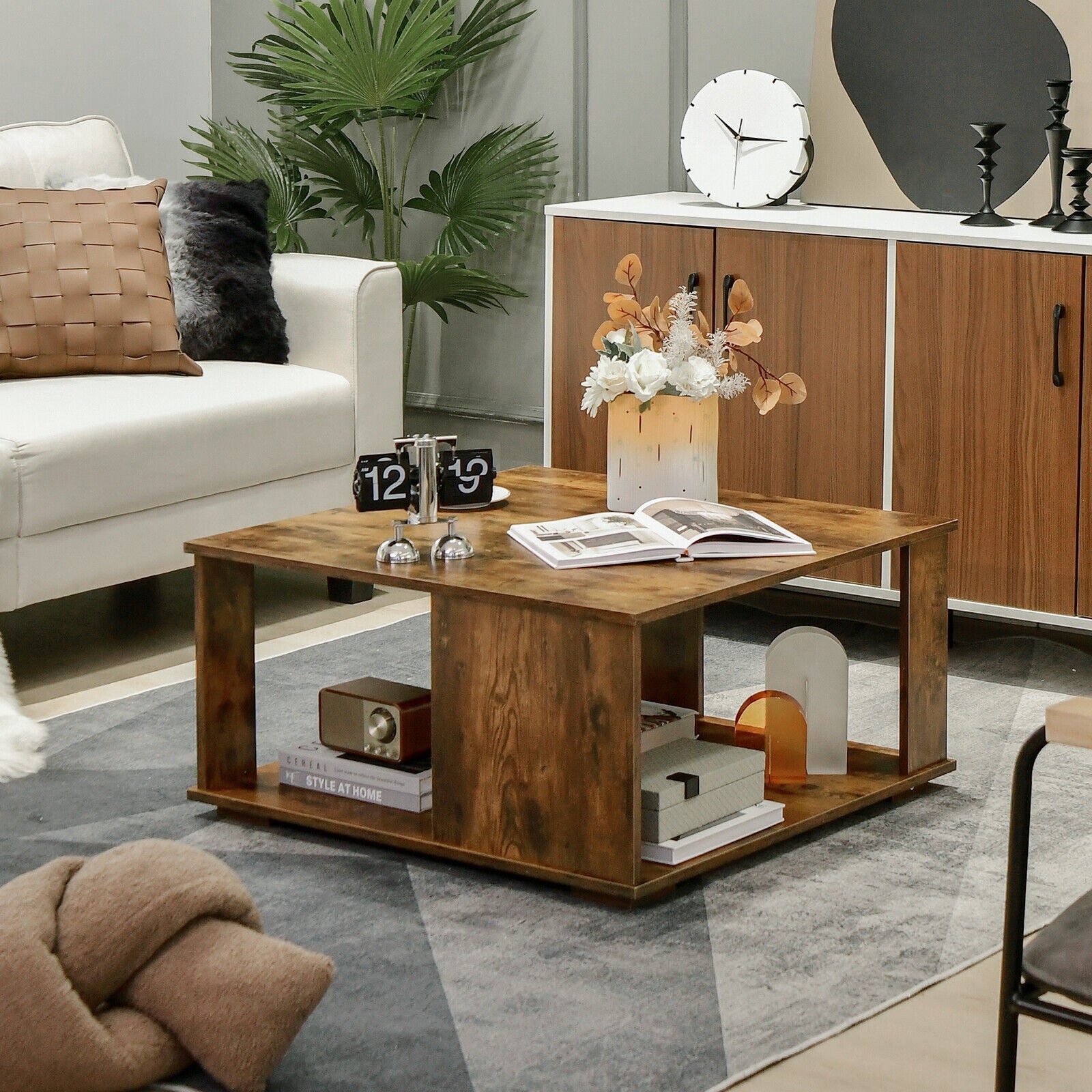 2 Tiers Square Coffee Table with Storage and Non-Slip Foot Pads, Rustic Brown Coffee Tables at Gallery Canada