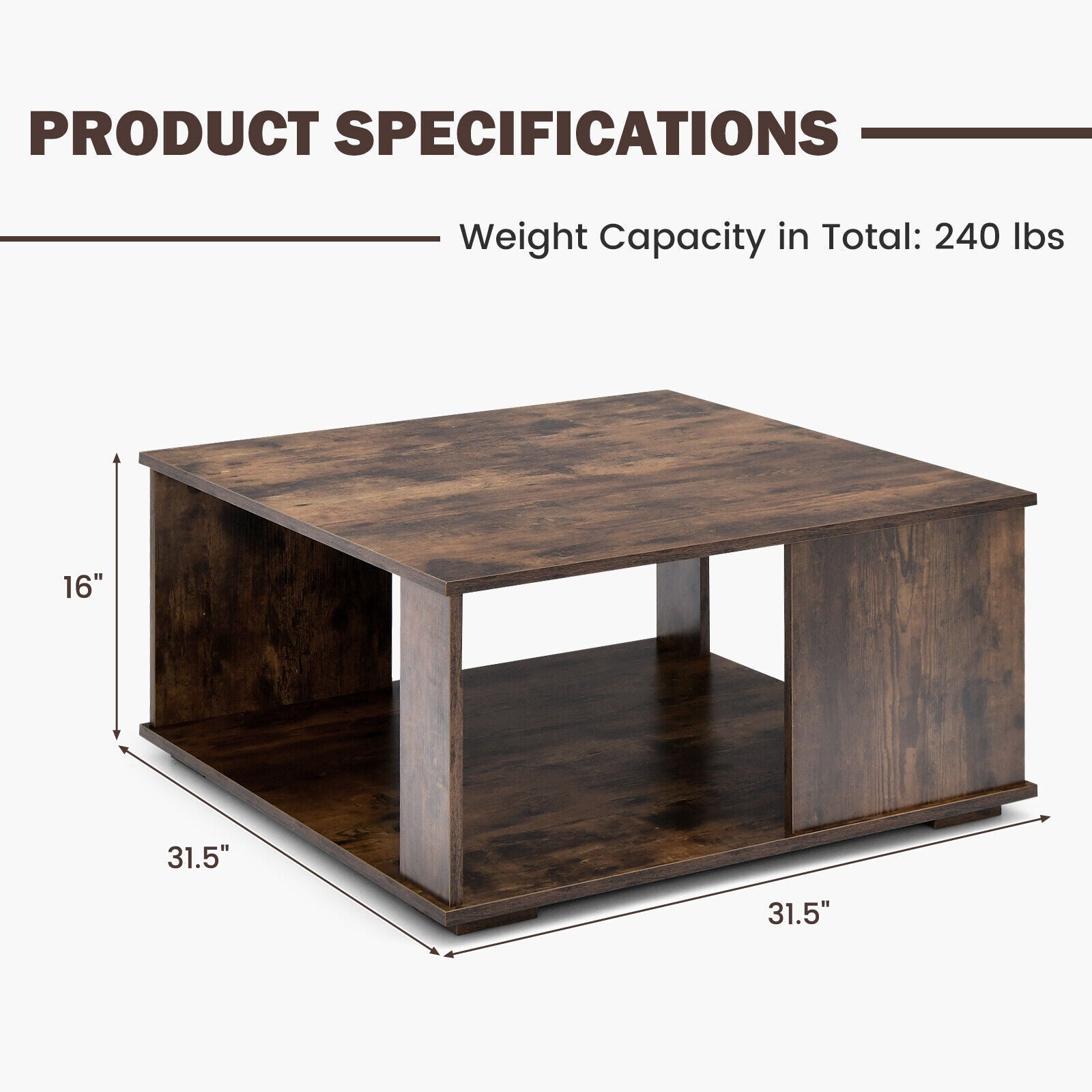 2 Tiers Square Coffee Table with Storage and Non-Slip Foot Pads, Rustic Brown Coffee Tables at Gallery Canada