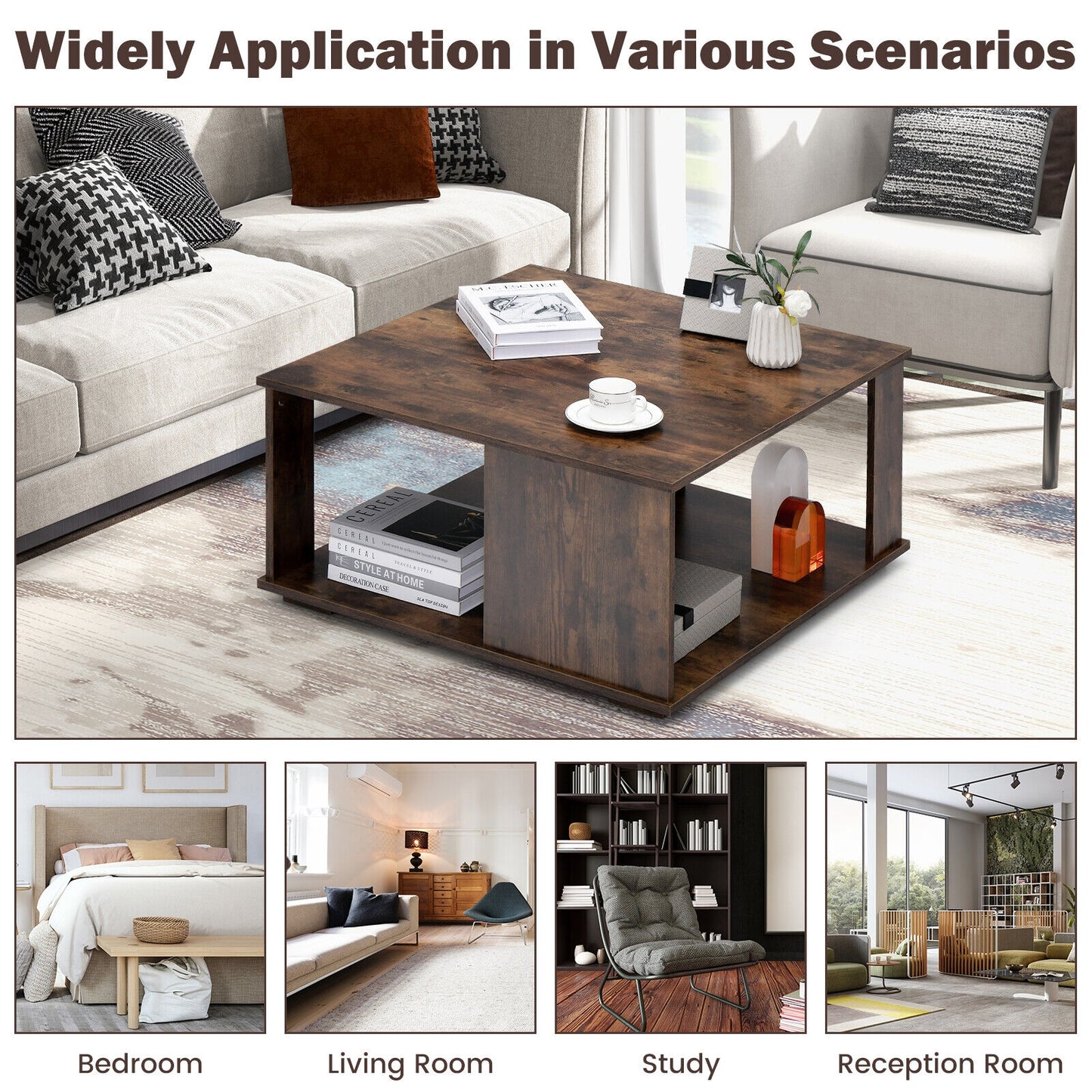 2 Tiers Square Coffee Table with Storage and Non-Slip Foot Pads, Rustic Brown Coffee Tables at Gallery Canada