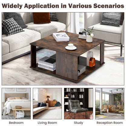 2 Tiers Square Coffee Table with Storage and Non-Slip Foot Pads, Rustic Brown Coffee Tables at Gallery Canada