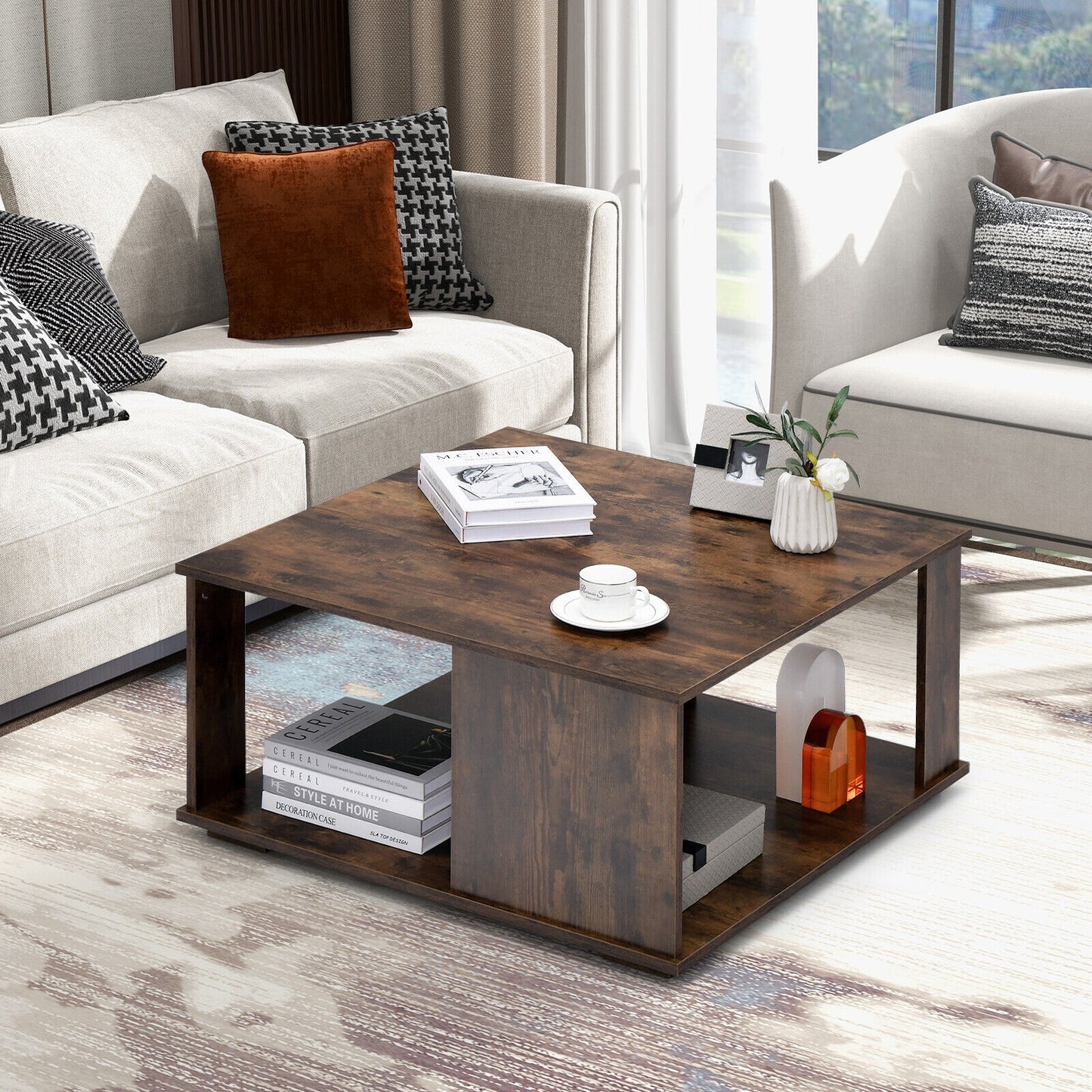 2 Tiers Square Coffee Table with Storage and Non-Slip Foot Pads, Rustic Brown Coffee Tables at Gallery Canada