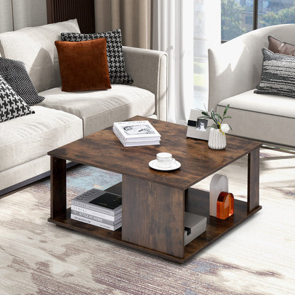 2 Tiers Square Coffee Table with Storage and Non-Slip Foot Pads, Rustic Brown Coffee Tables at Gallery Canada