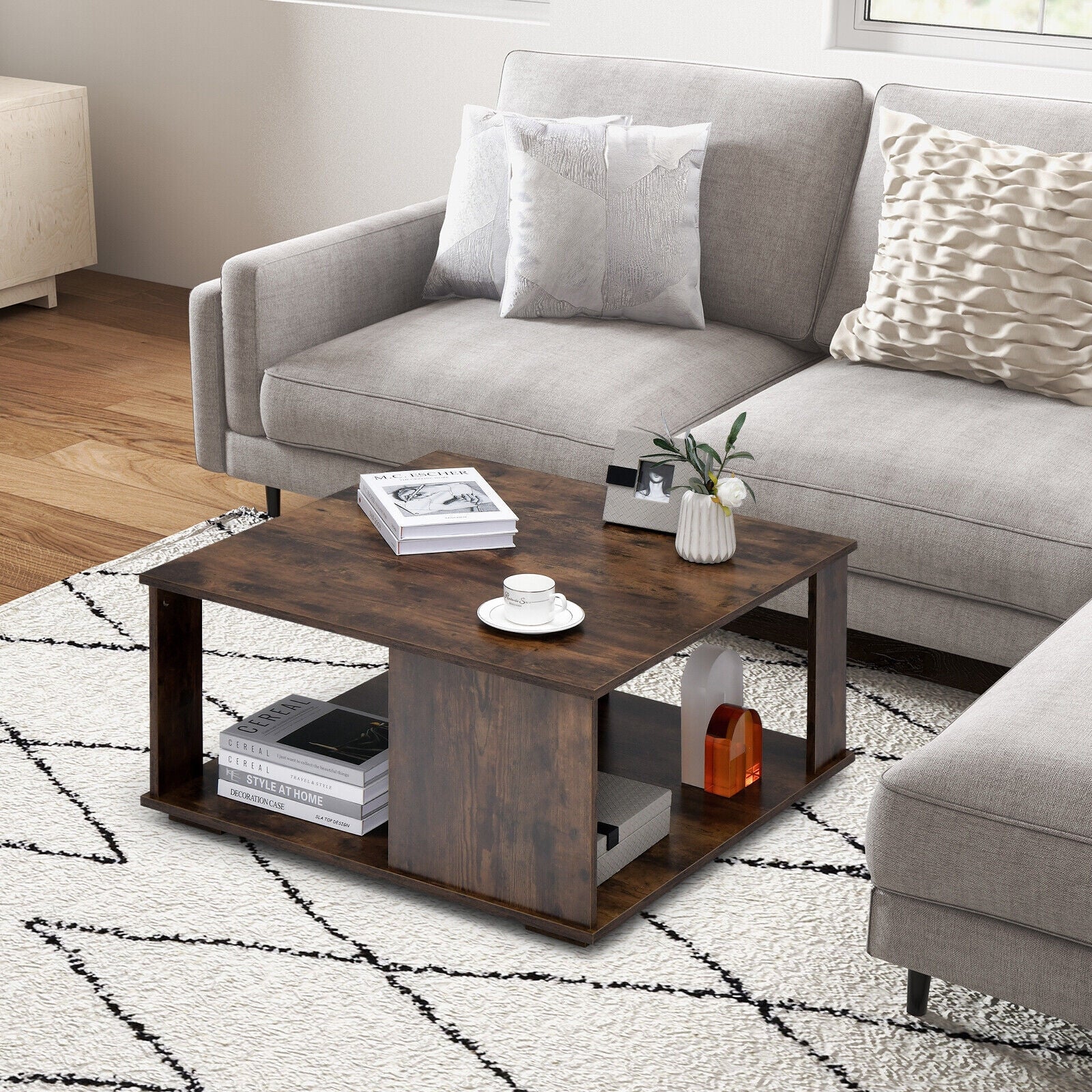 2 Tiers Square Coffee Table with Storage and Non-Slip Foot Pads, Rustic Brown Coffee Tables at Gallery Canada