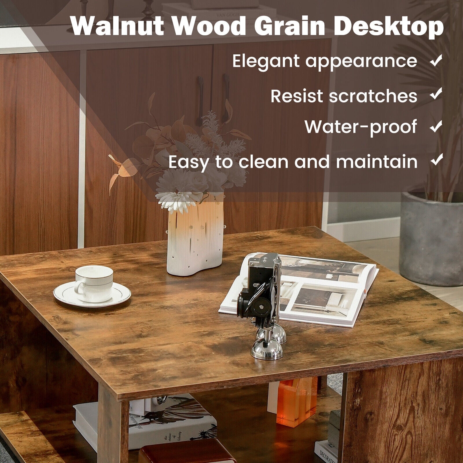 2 Tiers Square Coffee Table with Storage and Non-Slip Foot Pads, Rustic Brown Coffee Tables at Gallery Canada