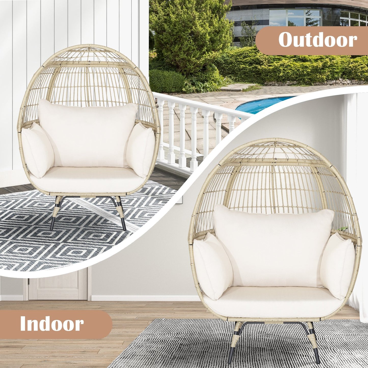 Oversized Patio Rattan Egg Lounge Chair with 4 Cushions, Light Brown - Gallery Canada