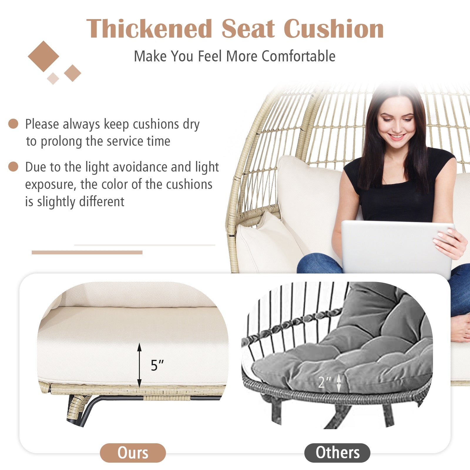 Oversized Patio Rattan Egg Lounge Chair with 4 Cushions, Light Brown Outdoor Chaise Lounges at Gallery Canada