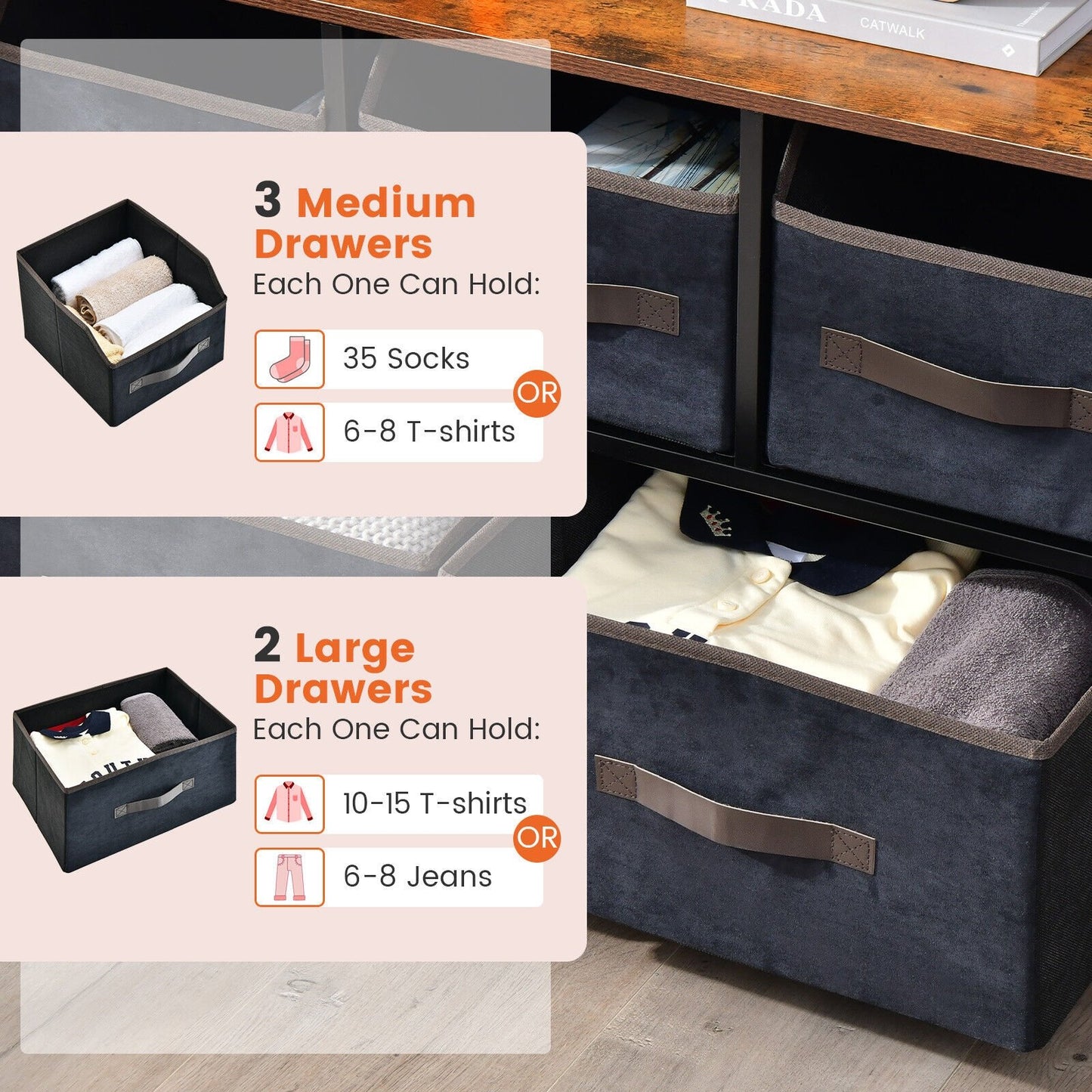 5 Drawers Storage Dresser with Fabric Bin for Living Room Bedroom, Black - Gallery Canada