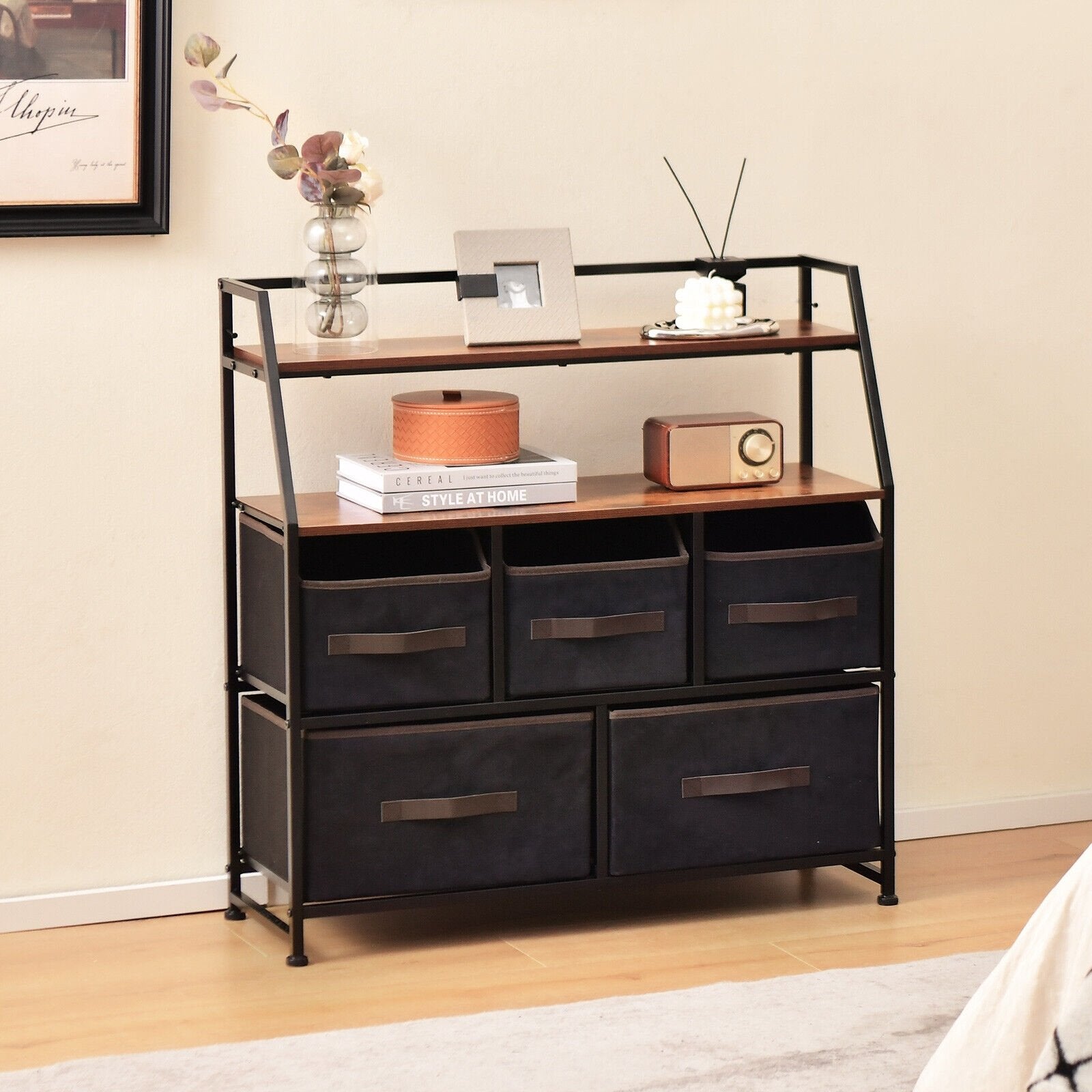 5 Drawers Storage Dresser with Fabric Bin for Living Room Bedroom, Black - Gallery Canada