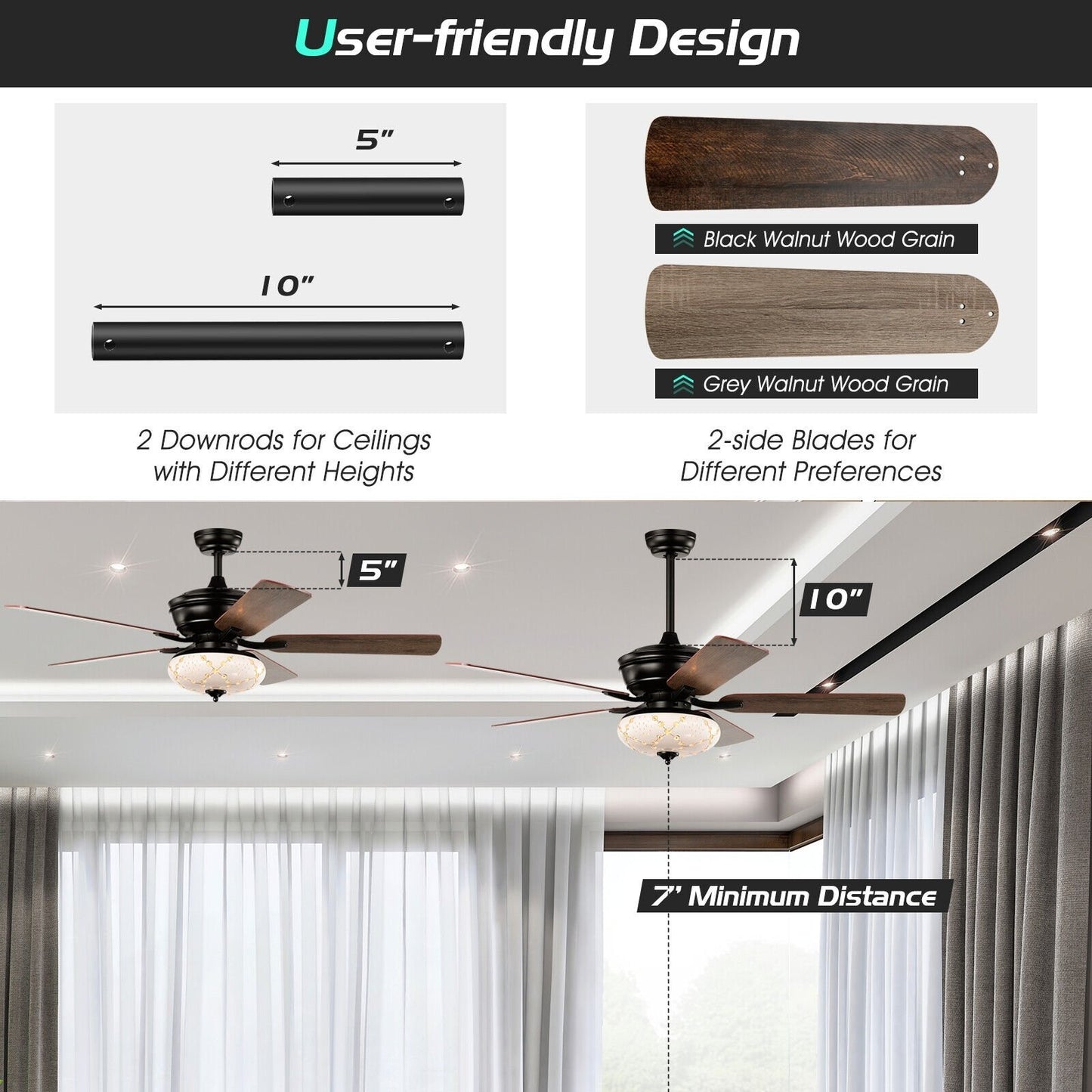 52 Inch Ceiling Fan with 3 Wind Speeds and 5 Reversible Blades, Black