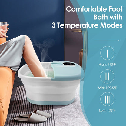 Folding Foot Spa Basin with Heat Bubble Roller Massage Temp and Time Set, Light Blue