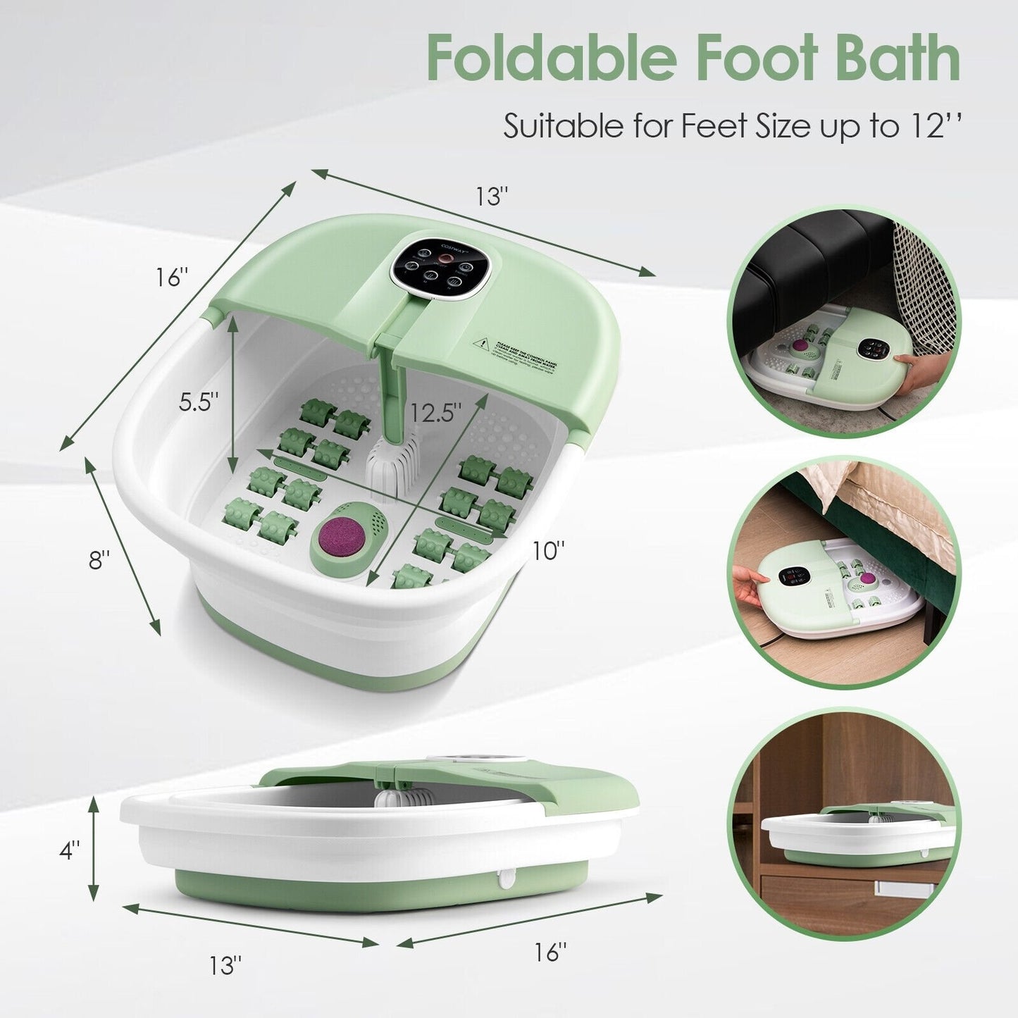 Folding Foot Spa Basin with Heat Bubble Roller Massage Temp and Time Set, Green