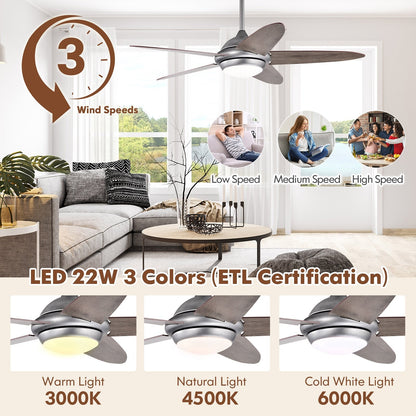 52 Inch Ceiling Fan with Lights and 3 Lighting Colors-Silver Gray, Silver