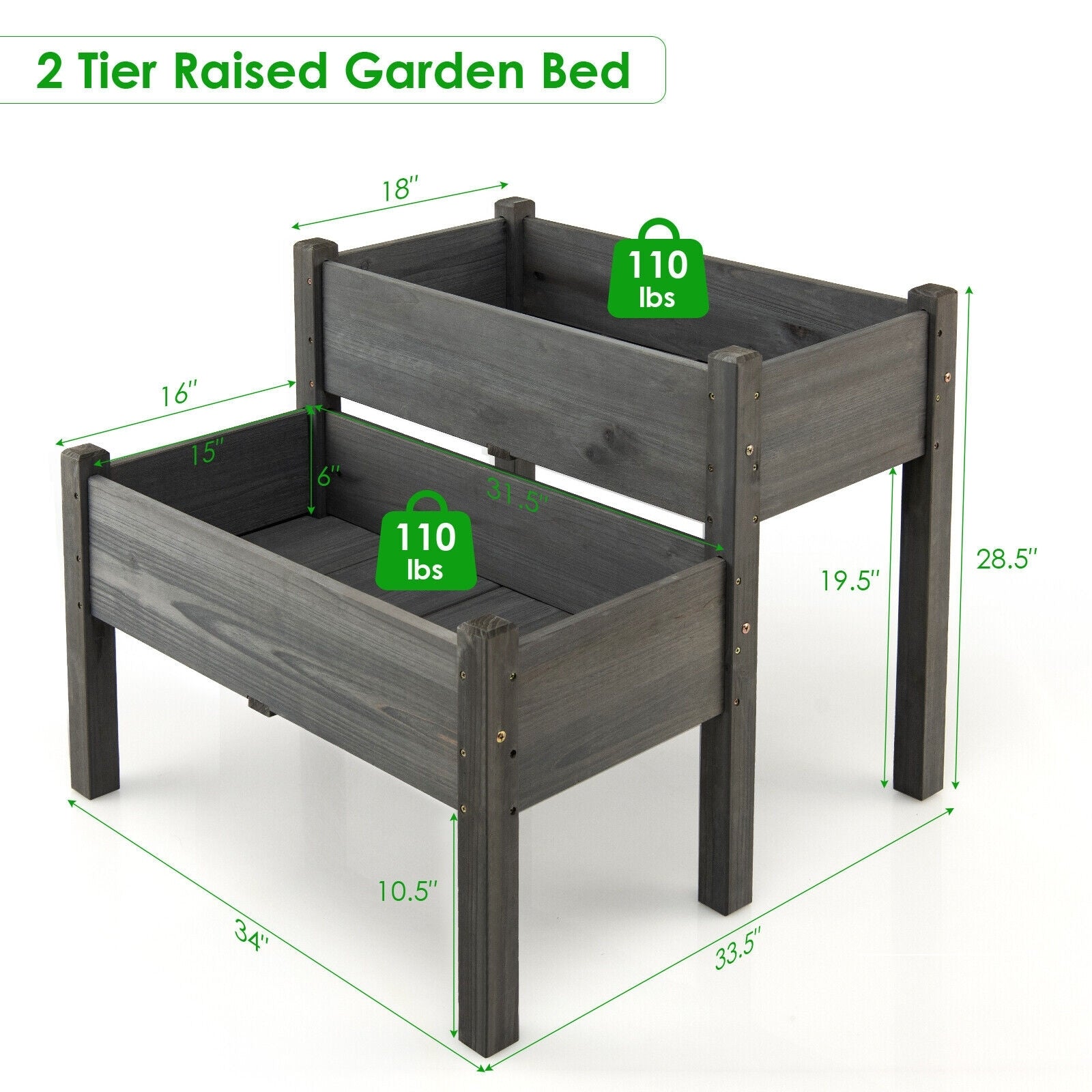 2 Tier Wooden Raised Garden Bed with Legs Drain Holes, Gray Raised Garden Beds at Gallery Canada