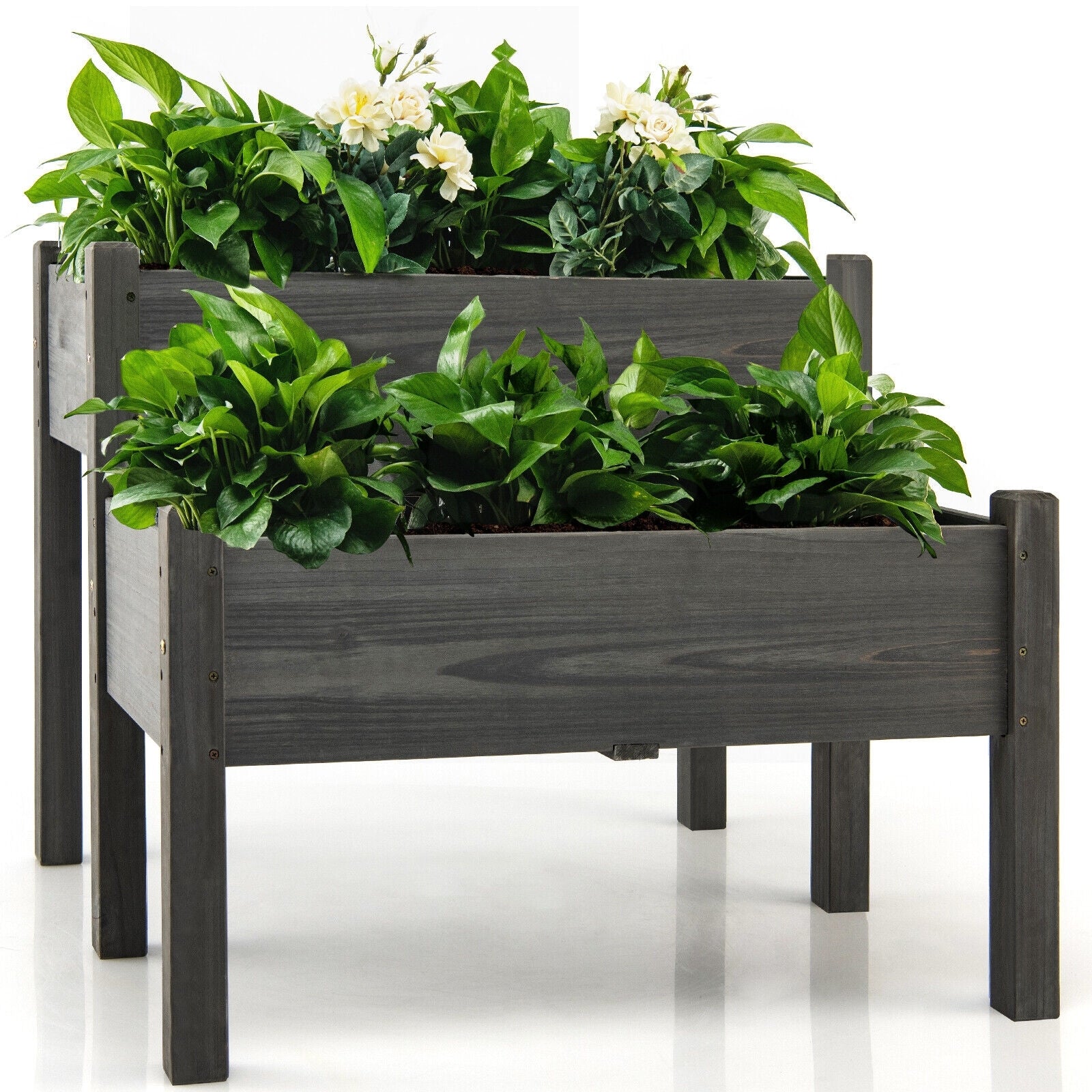 2 Tier Wooden Raised Garden Bed with Legs Drain Holes, Gray Raised Garden Beds at Gallery Canada