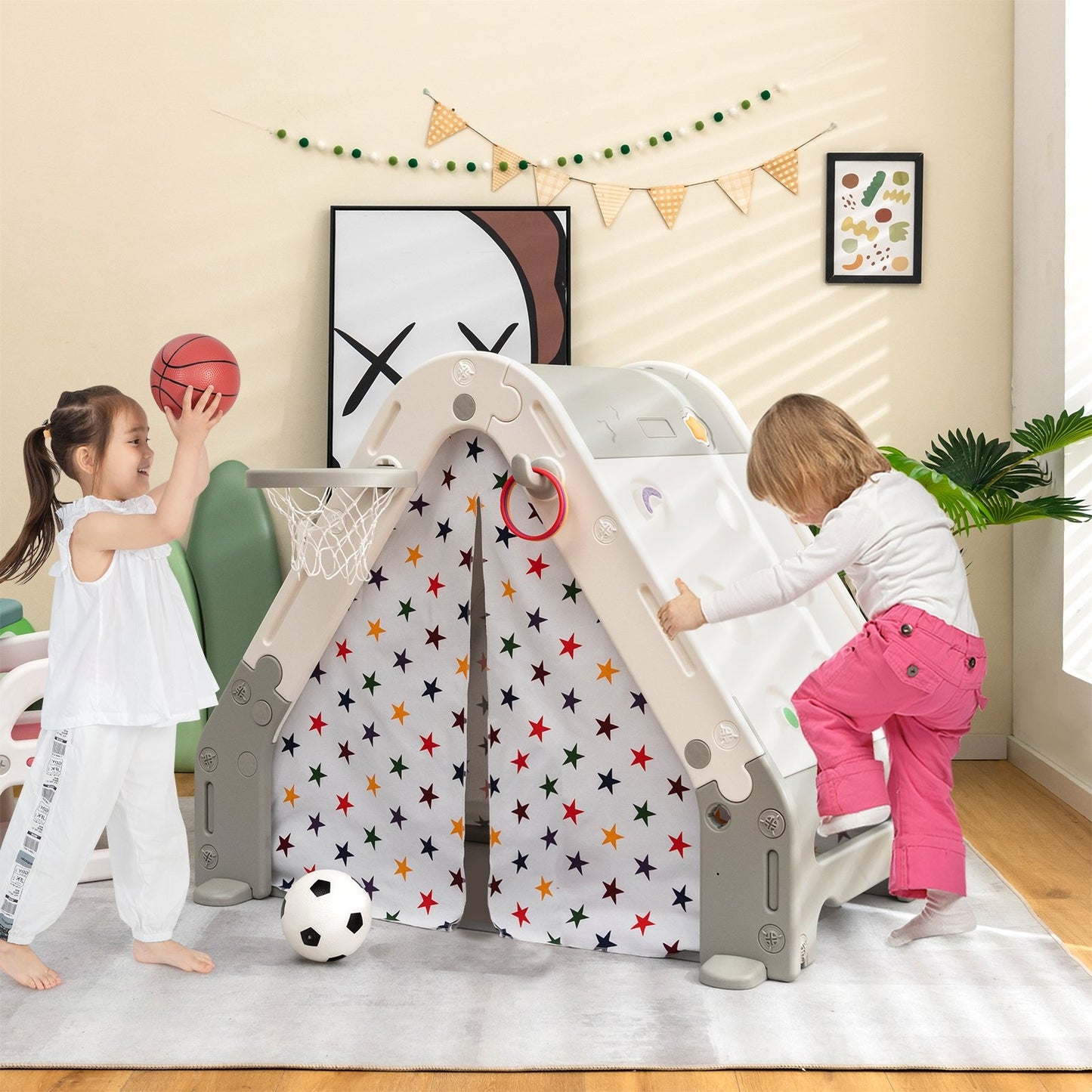 Kid's Triangle Climber with Tent Cover and with Climbing Wall, Gray