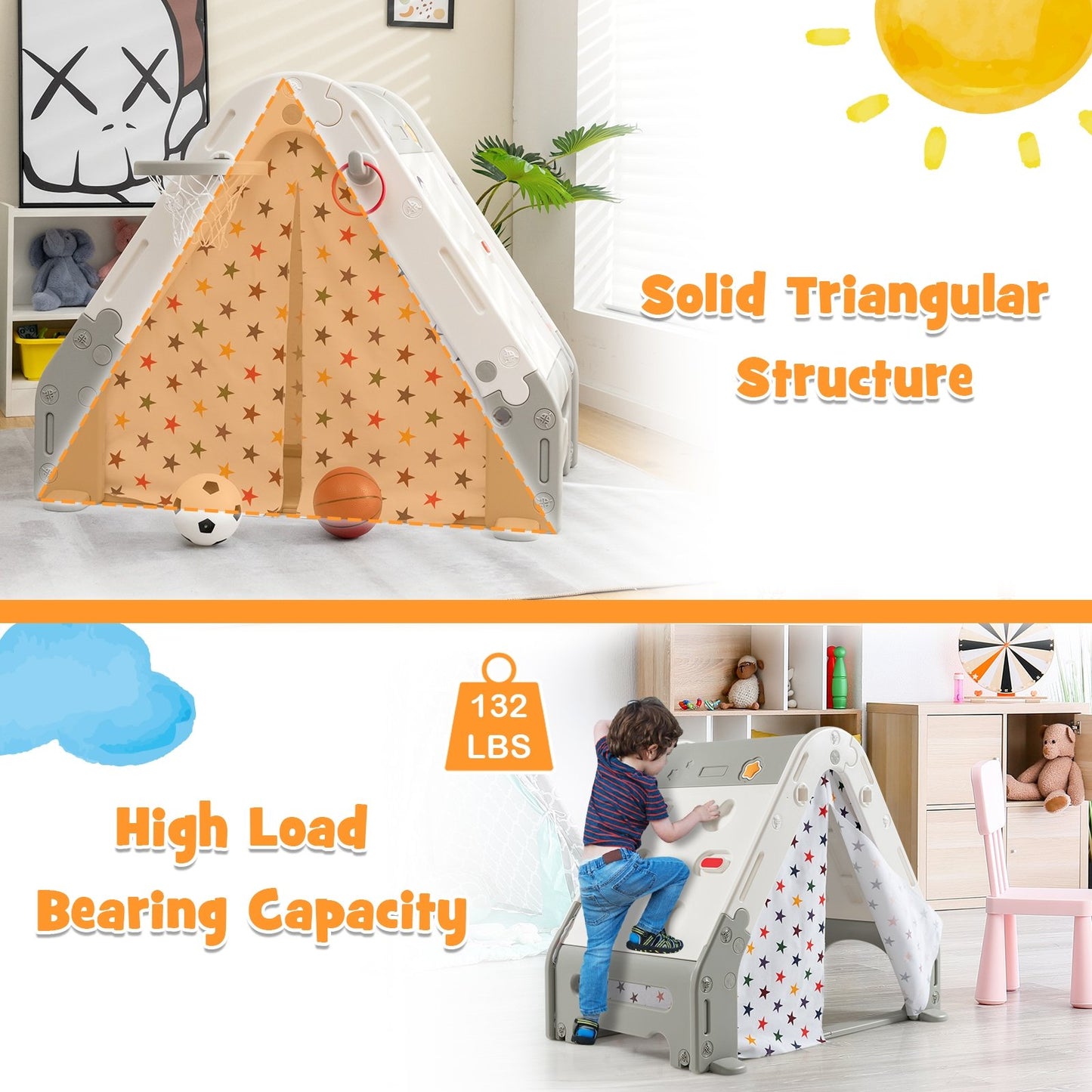 Kid's Triangle Climber with Tent Cover and with Climbing Wall, Gray