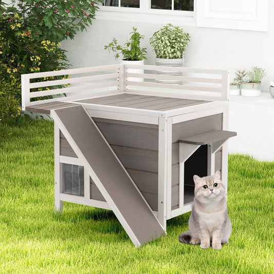 Outdoor Wooden Feral Cat House with Balcony and Slide, Gray - Gallery Canada