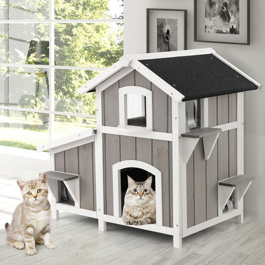 Outdoor 2-Story Wooden Feral Cat House with Escape Door, Gray - Gallery Canada