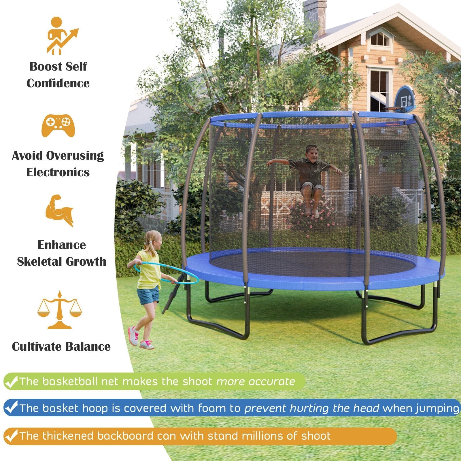 8/10 Feet Recreational Trampoline with Basketball Hoop-10 ft, Blue - Gallery Canada