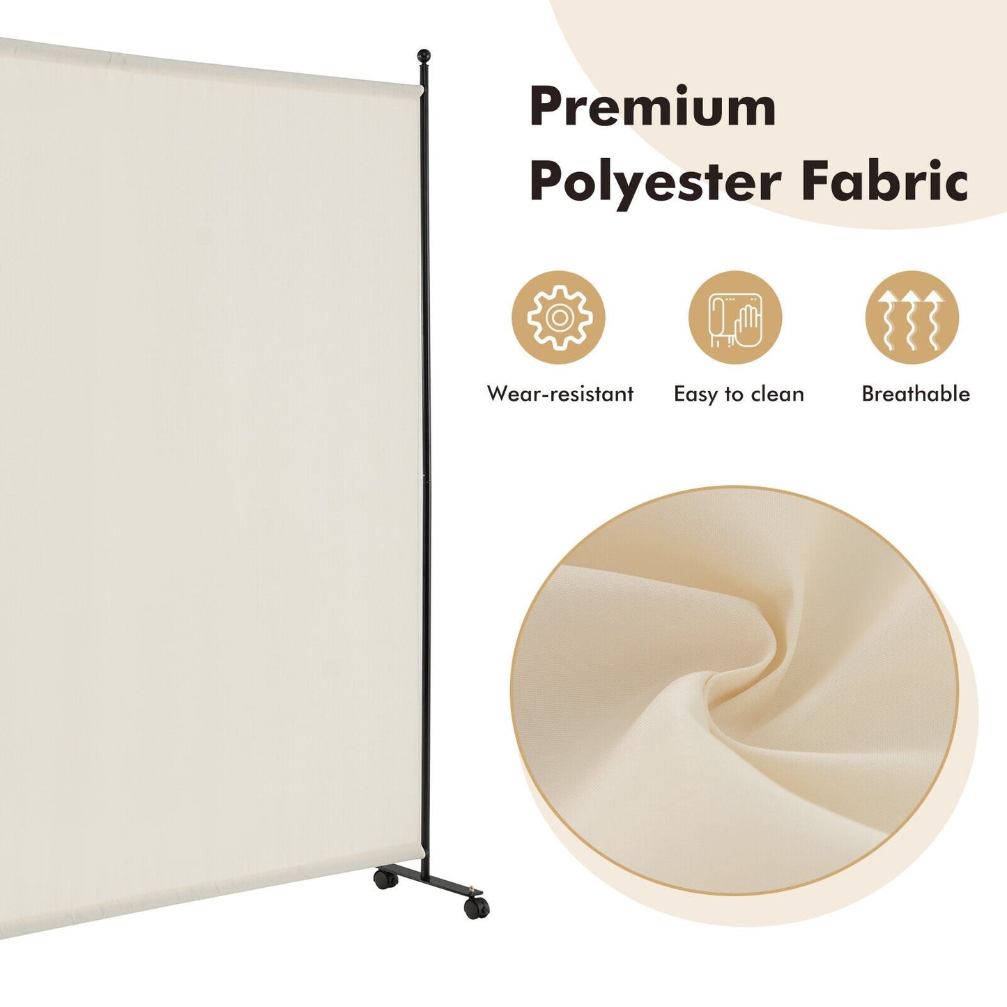 6 Feet Single Panel Rolling Room Divider with Smooth Wheels, White at Gallery Canada