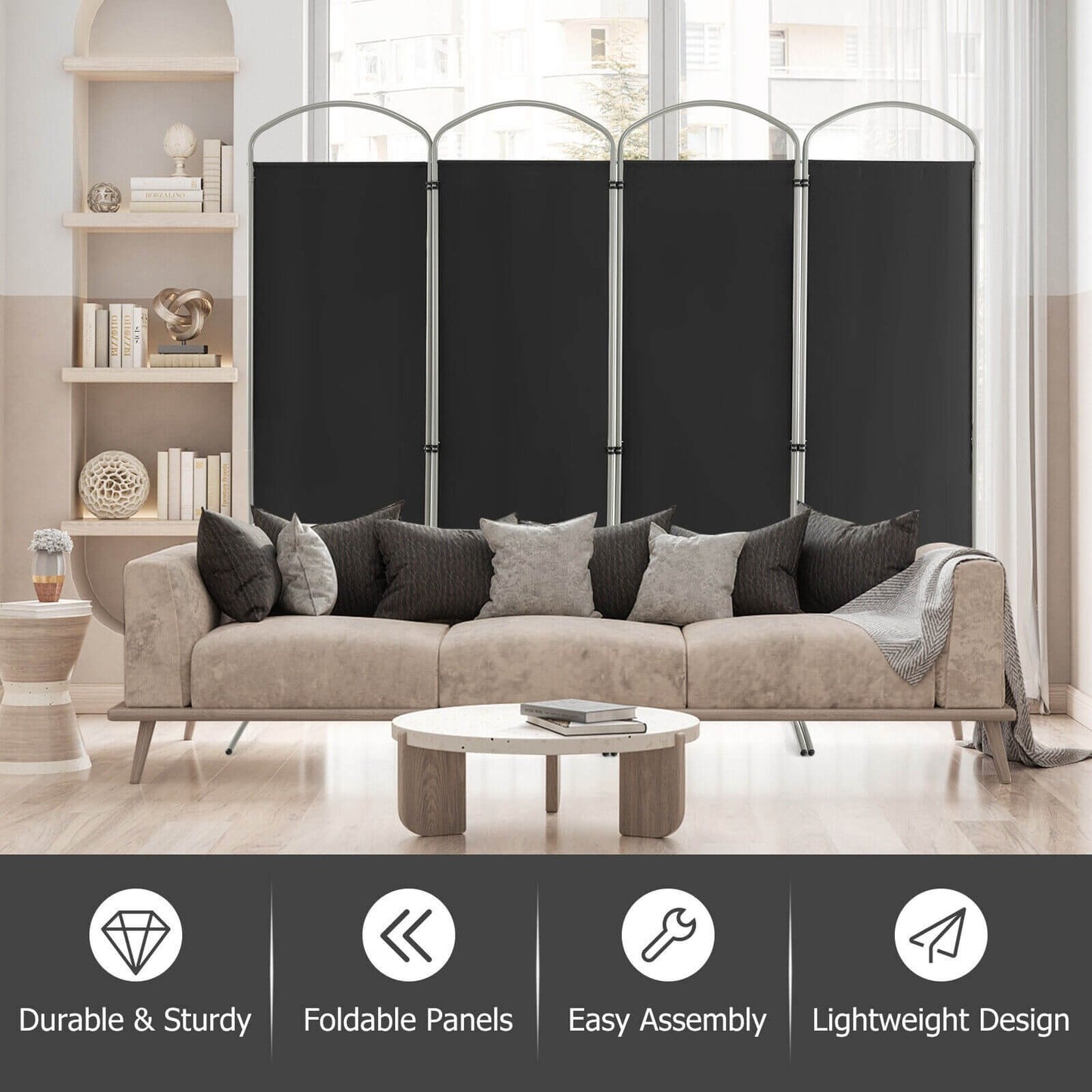6.2Ft Folding 4-Panel Room Divider for Home Office Living Room, Black
