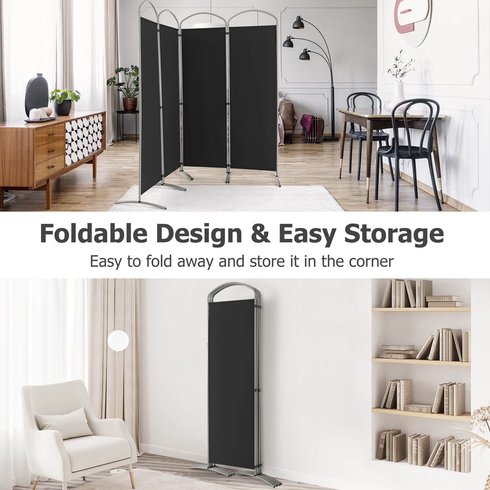Folding 4-Panel Room Divider, Black Room Dividers at Gallery Canada