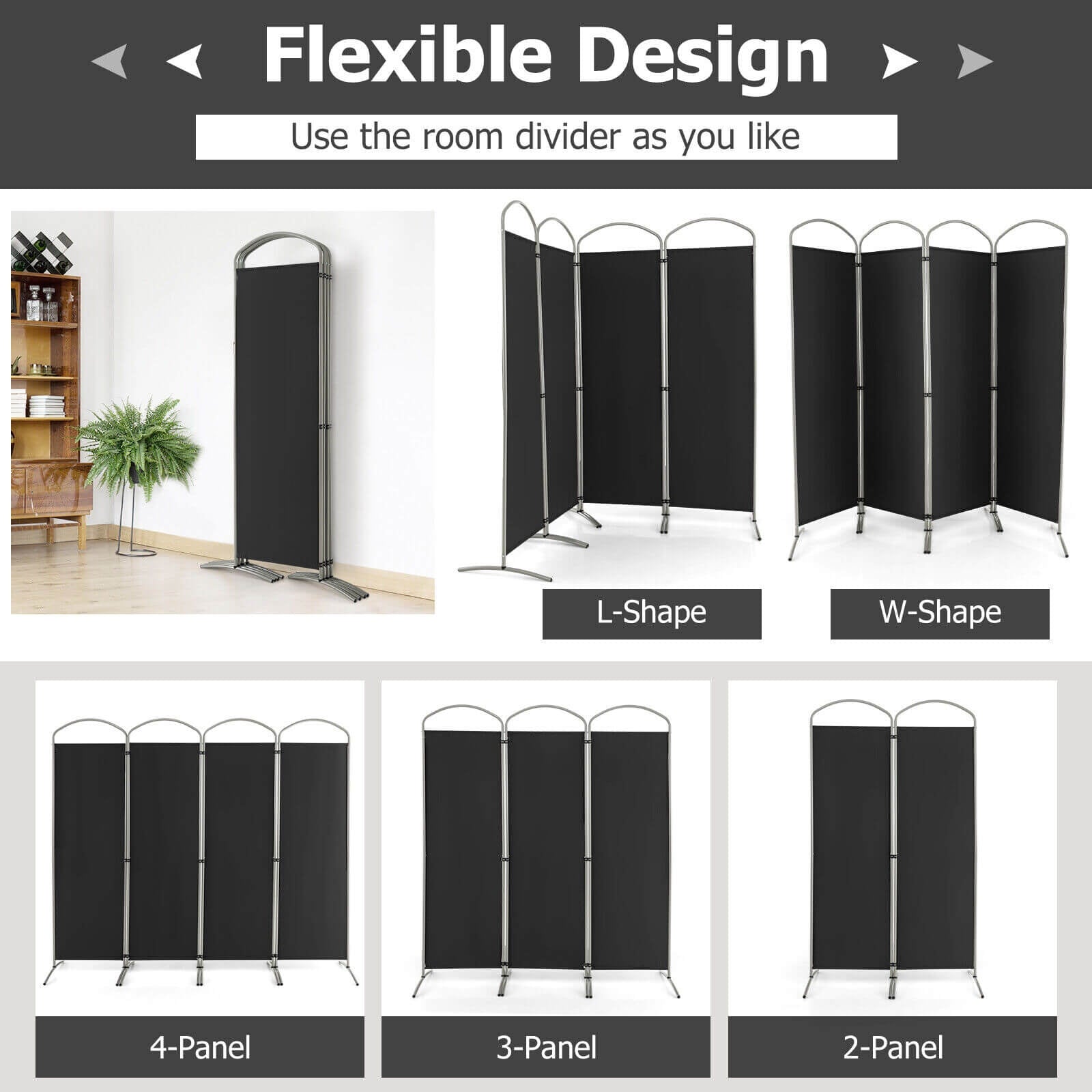 Folding 4-Panel Room Divider, Black Room Dividers at Gallery Canada