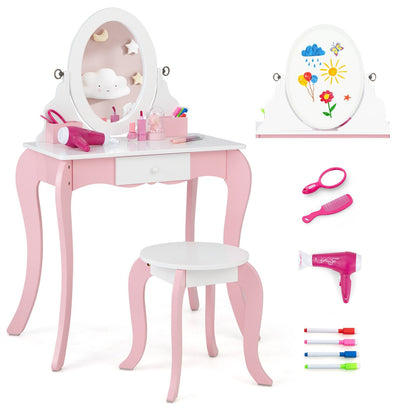 Pretend Kids Vanity Set with 360° Rotatable Mirror and Play Accessories, Pink