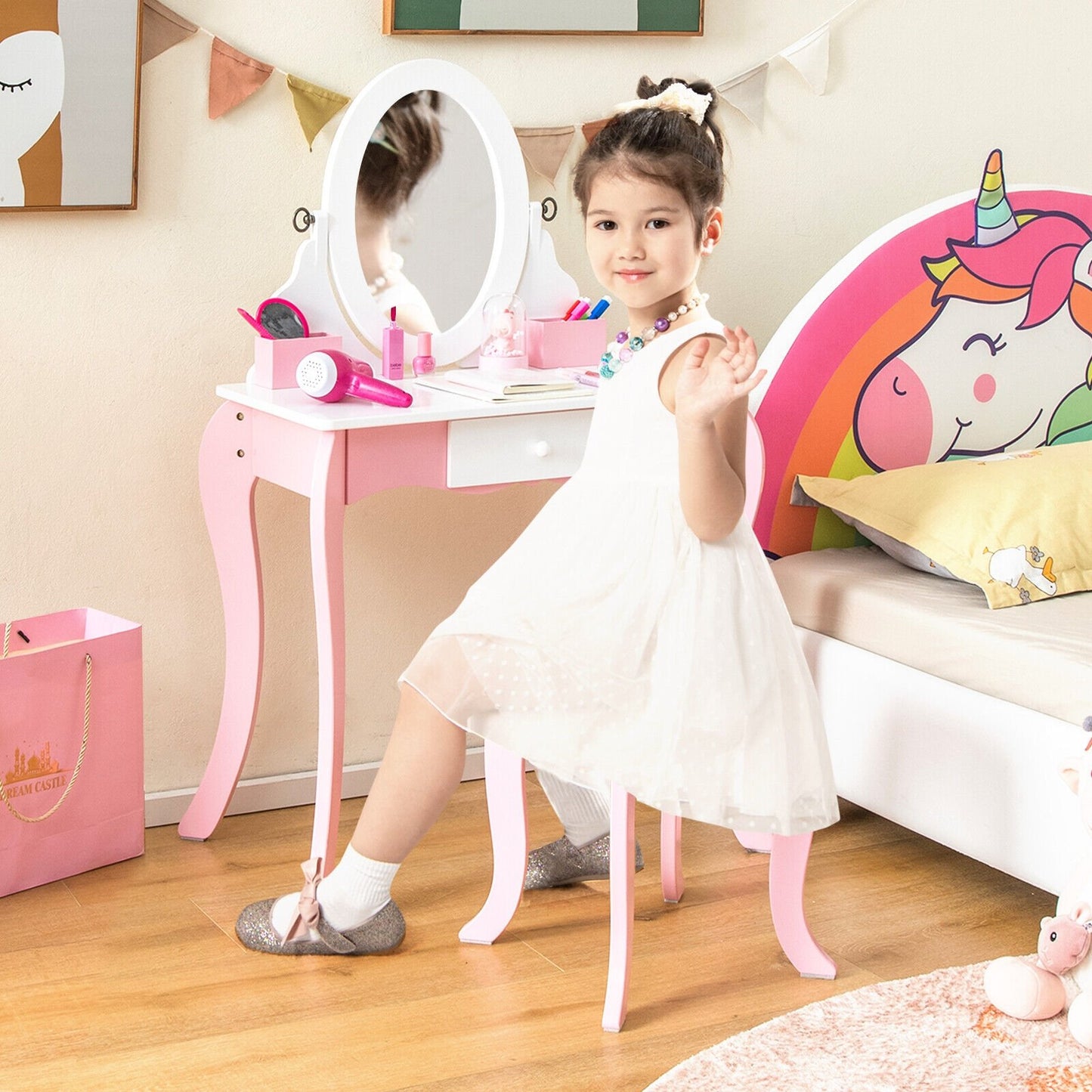 Pretend Kids Vanity Set with 360° Rotatable Mirror and Play Accessories, Pink