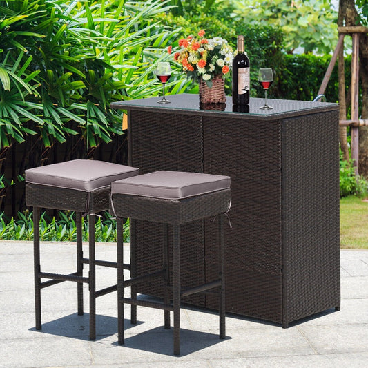 3 Pieces Patio Rattan Wicker Bar Table Stools Dining Set, Gray & Off White - Gallery Canada